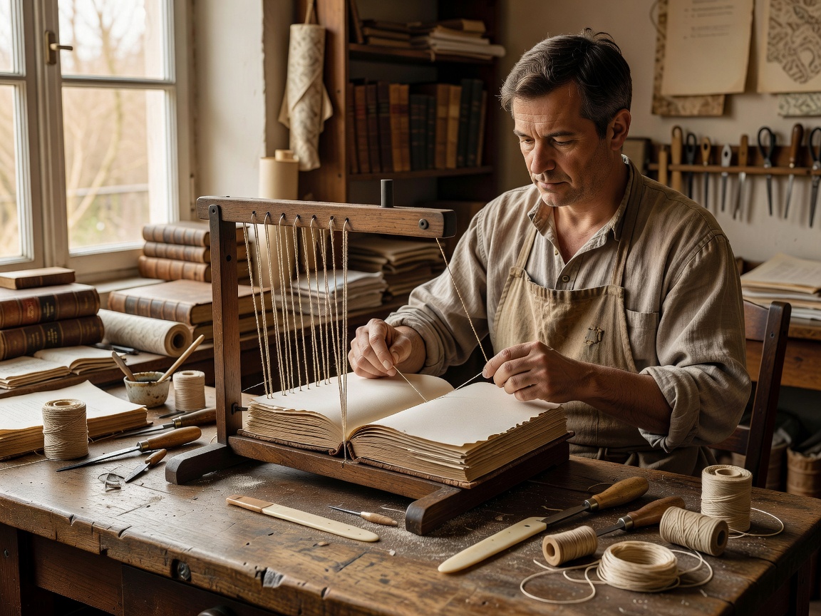 Hand bookbinder stitching linen thread through paper signatures on a wooden sewing frame