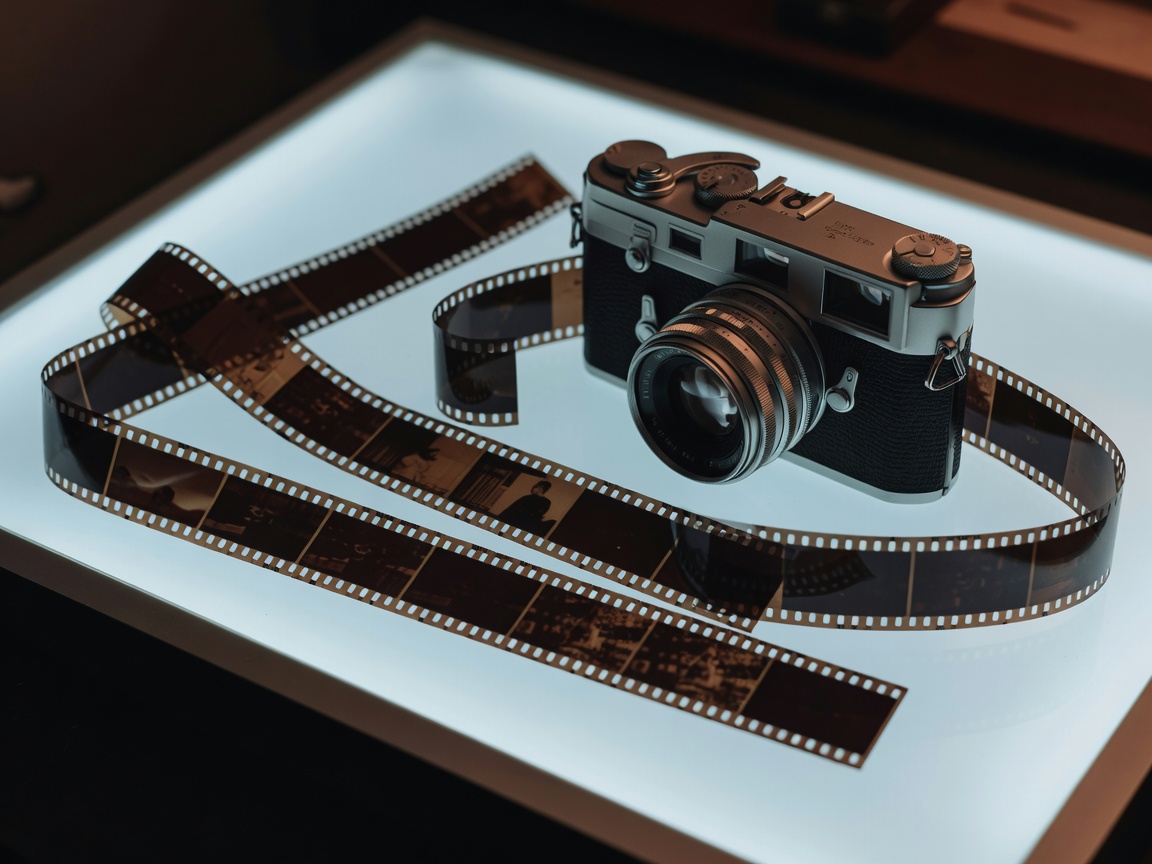 Analogue 35mm rangefinder camera alongside silver halide negative film strips on a light box