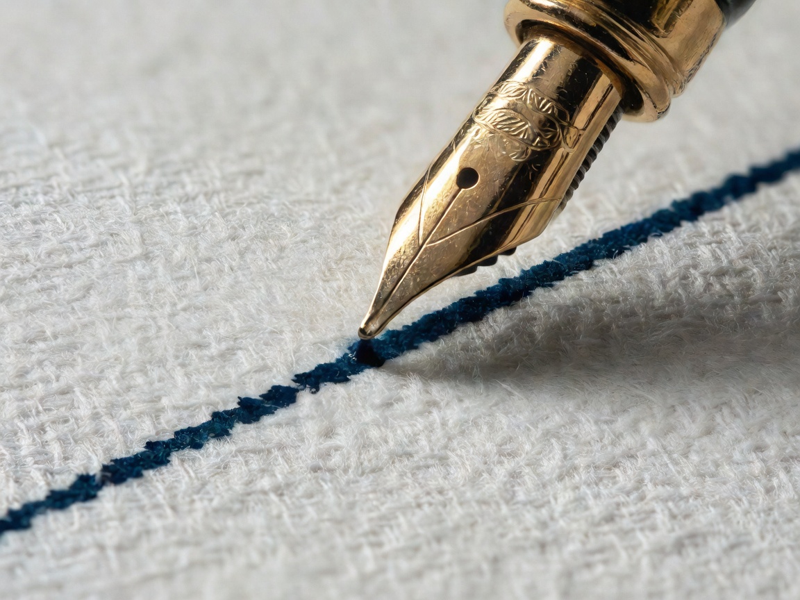 Close-up of a gold fountain pen nib drawing dark blue ink across heavy cotton paper