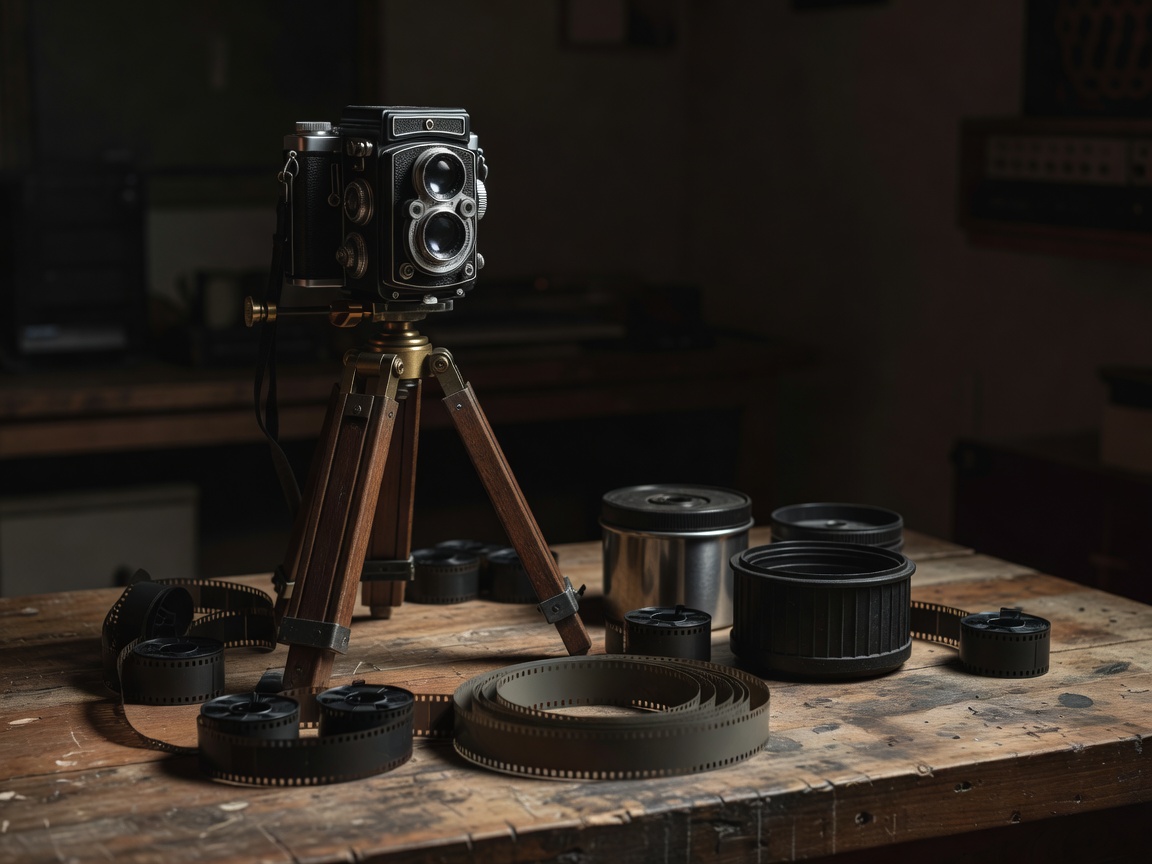 Classic medium format camera on wooden tripod with exposed 120 roll film spools and darkroom tanks