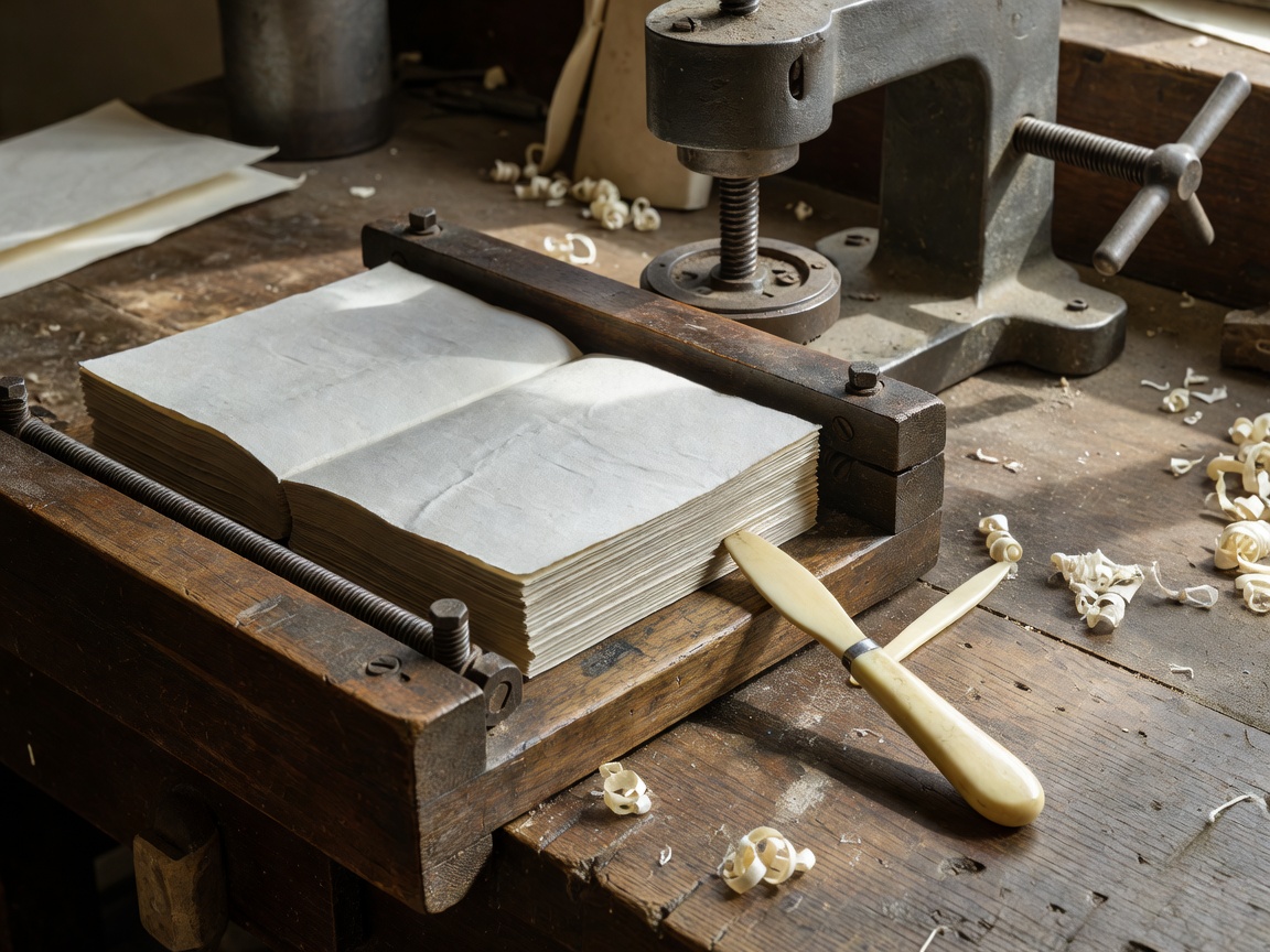 Antique wooden bookbinding lying press clamping text block signatures with bone folder resting beside