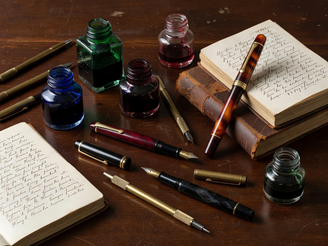 Vintage lever fill fountain pens arranged with glass ink bottles and handwritten cursive journals on desk