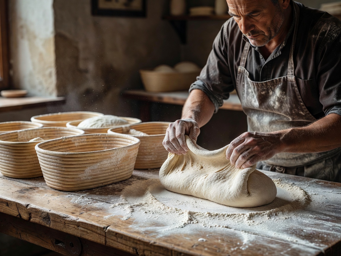 Baker shaping high hydration sourdough loaf on floured timber bench alongside cane banneton baskets