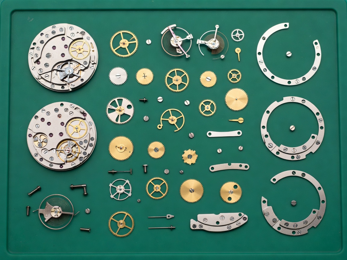 Disassembled mechanical wristwatch movement components laid out on clean green horological bench mat