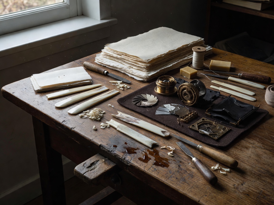Craftsman worktable featuring hand binding bone folders, analogue camera parts, and paper materials
