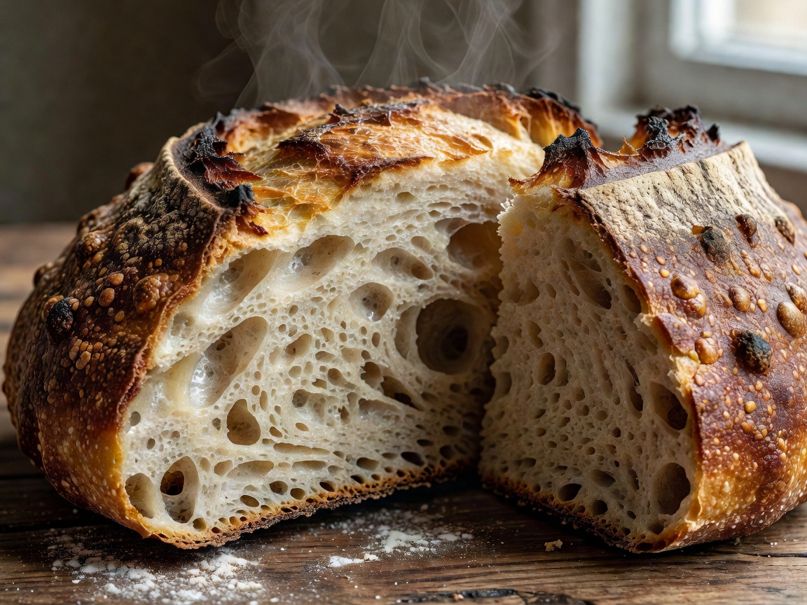 Freshly baked artisan sourdough loaf sliced open revealing open crumb structure and blistered crust