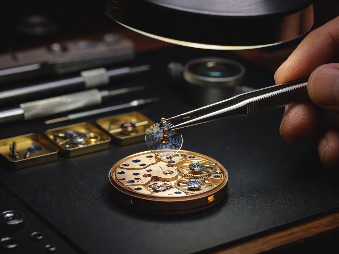 Horological tweezers placing a balance spring wheel inside an open mechanical watch movement